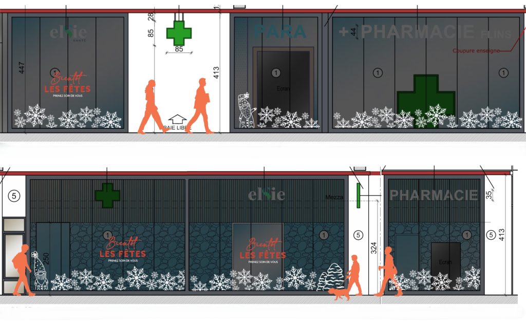 Maquette du projet de peinture sur vitrine pour Noël de la pharmacie de Flins sur Seine par Camille F créations