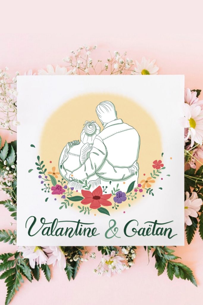Faire part illustré de mariage avec portrait couple de dos et couronne de fleurs