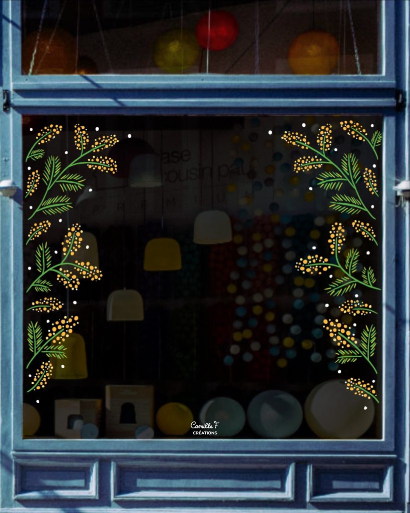 Peinture sur vitrine représentant des branches de mimosa. Design par Camille F créations