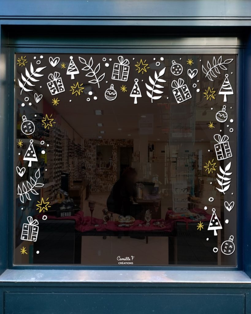 Peinture sur vitrine représentant des motifs de Noël : sapins, boules, cadeaux, étoiles, feuillages... Design par Camille F créations