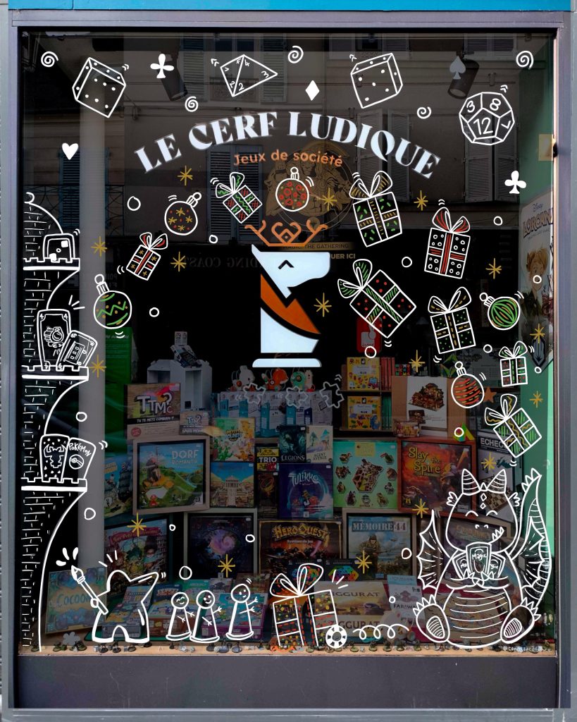 Maquette de la vitrine de Noël du Cerf Ludique pour 2025