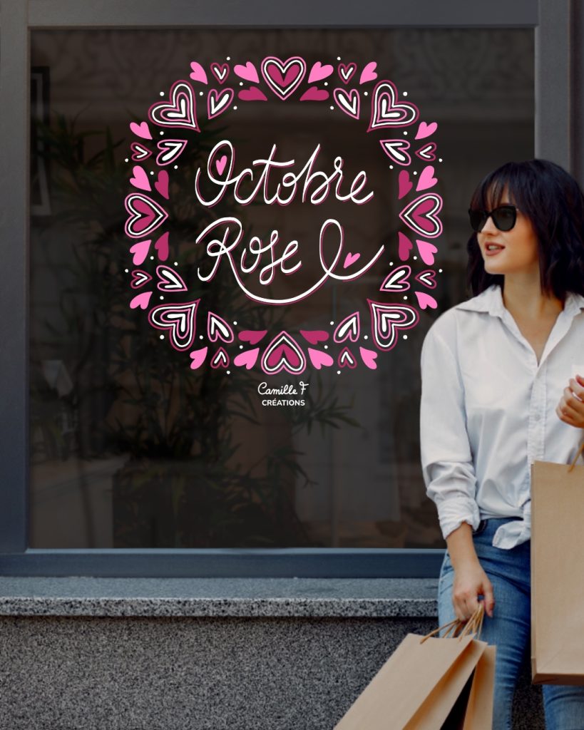 Peinture sur vitrine pour Octobre Rose représentant une couronne de cœurs roses