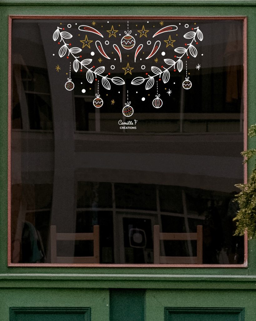 Peinture sur vitrine pour Noël représentant une guirlande de feuillages par Camille F créations