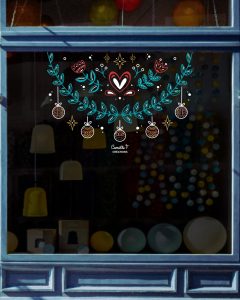 Peinture sur vitrine représentant une guirlande de Noël avec des éléments de folklore, à Paris par Camille F créations