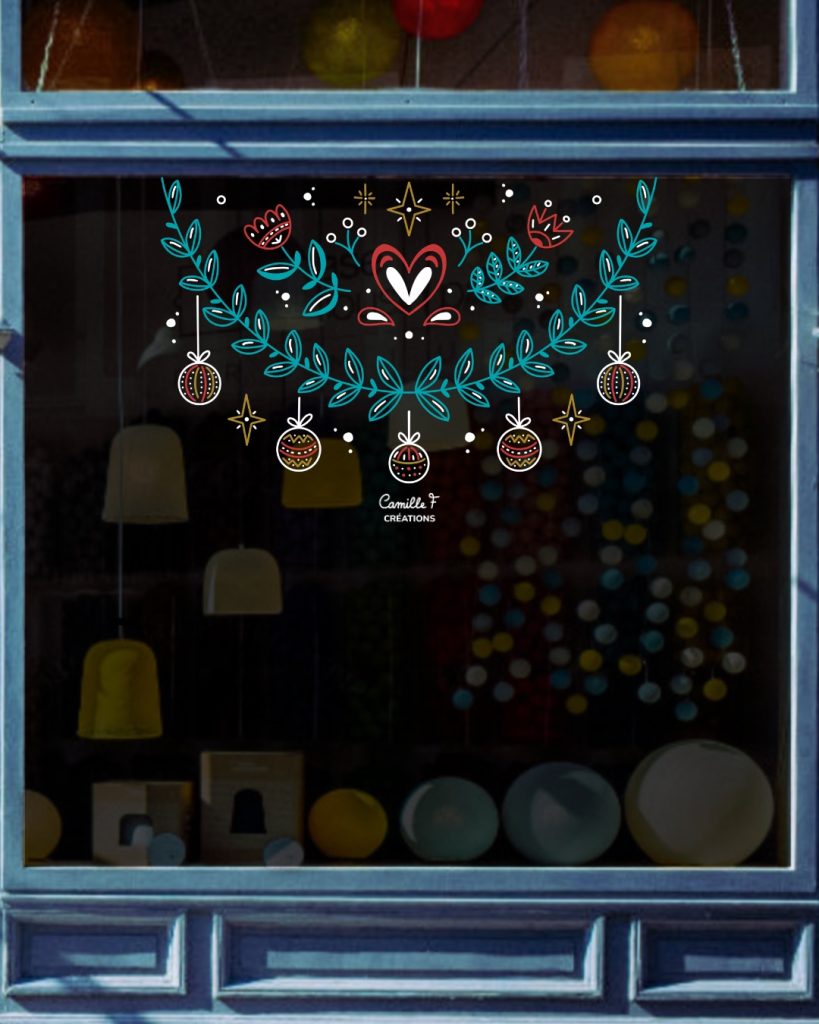 Peinture sur vitrine représentant une guirlande de Noël avec des éléments de folklore, à Paris par Camille F créations