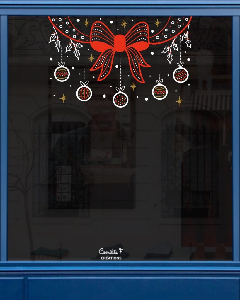 Peinture sur vitrine représentant un nœud rouge avec des boules de Noël par Camille F créations