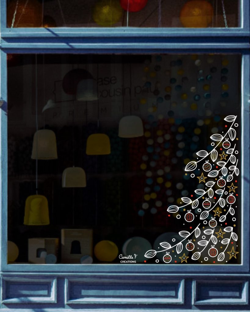 Peinture sur vitrine pour Noël représentant un sapin par Camille F créations